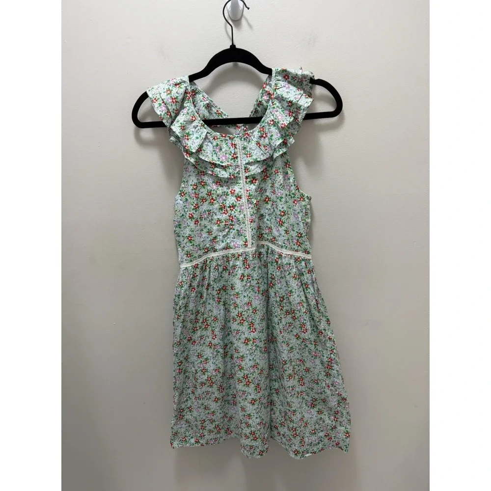 Crewcuts by J.Crew Green Floral Ruffle Neck Sleeveless Dress Girl Size 12 J Crew